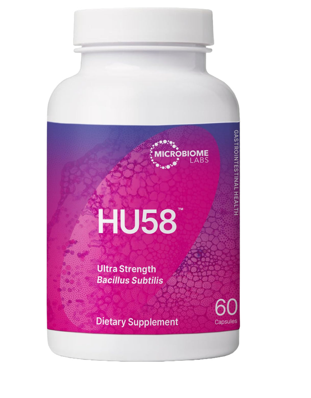Microbiome Labs HU58 Bacillus subtilis probiotic bottle with 60 capsules