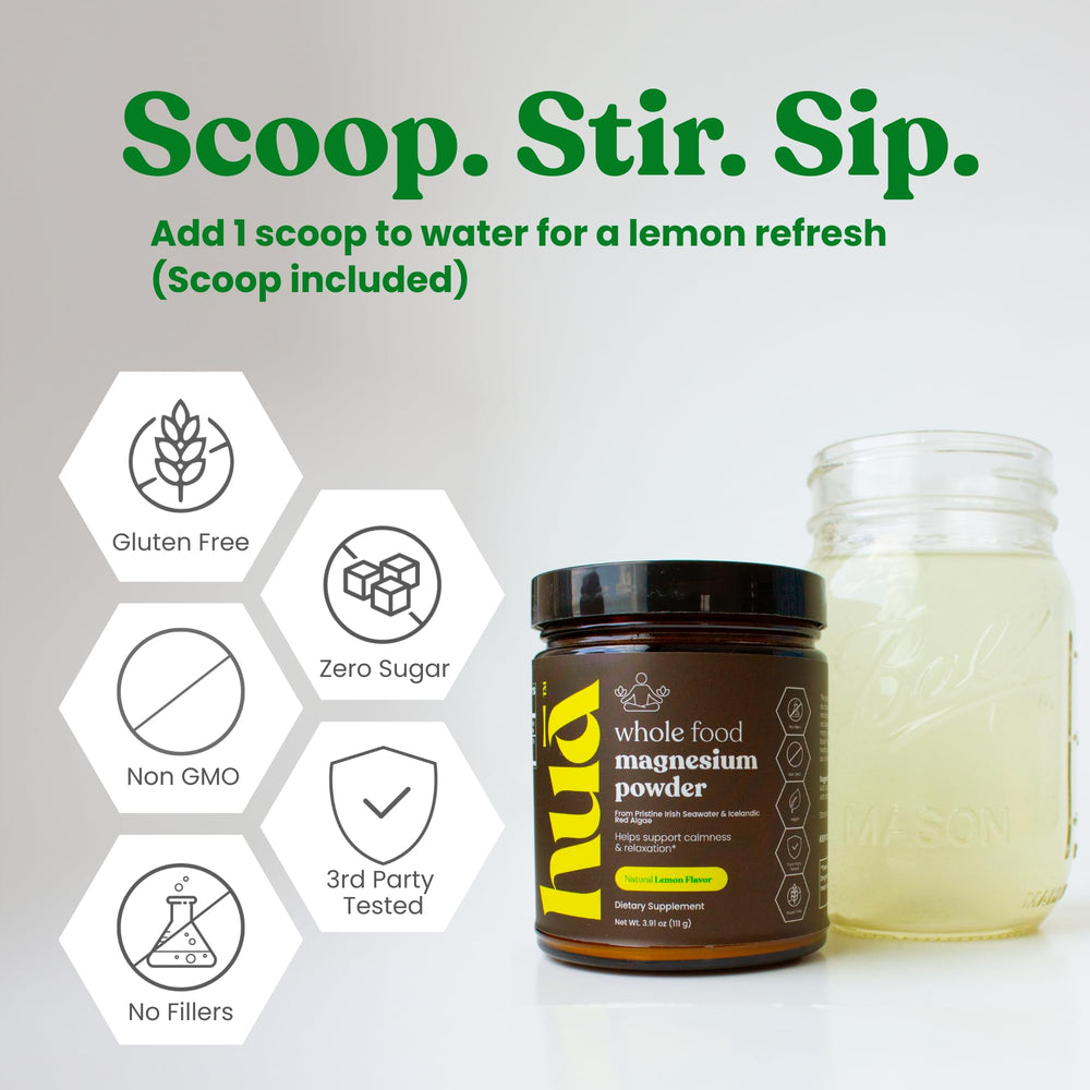 Close-up of HUA Wellness Magnesium Powder bottle (Lemon Flavor)