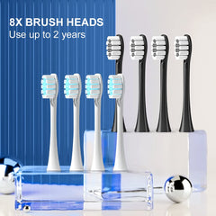 Eight brush heads included for family use