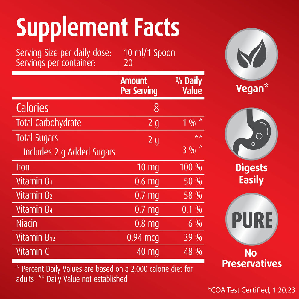 Ingredients include Vitamin C, B2, B6, B12 and iron in the supplement