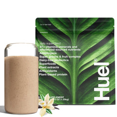 Huel Daily Superblend Vanilla packaging signals complete nutrition for busy mornings