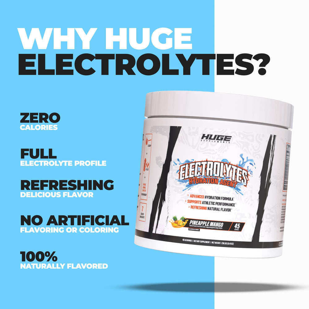 Huge Supplements Electrolytes powder closeup label emphasizes clean formula with no artificial flavors.