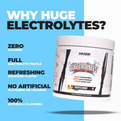 Huge Supplements Electrolytes powder closeup label emphasizes clean formula with no artificial flavors.