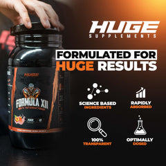 Huge Supplements Formula XII bottle pour reveals peach flavor and quick fueling during training.