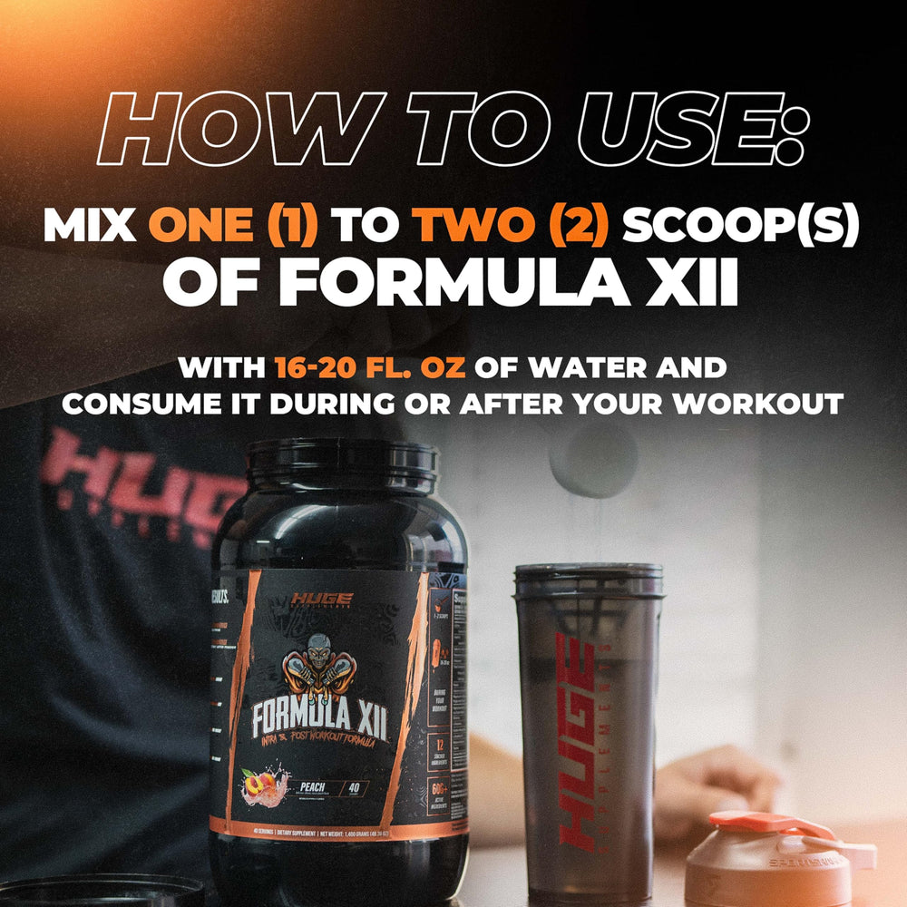 Huge Supplements Formula XII glass of water with peach powder ready for hydration.