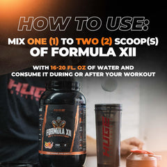 Huge Supplements Formula XII glass of water with peach powder ready for hydration.