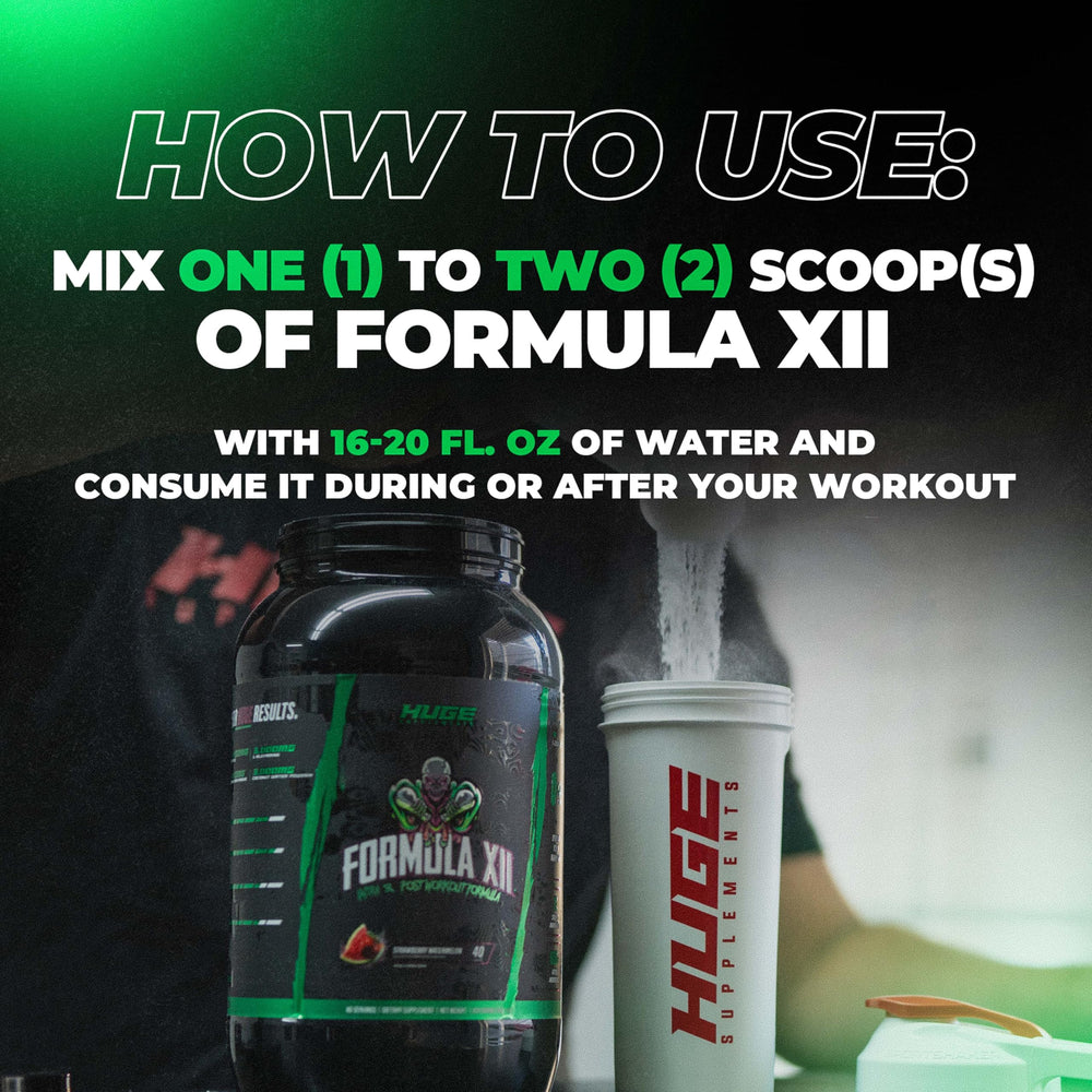 Huge Supplements Formula XII serving spoon emphasizes easy dosing for consistent energy and hydration.