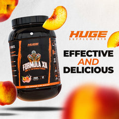 Huge Supplements Formula XII shaker with peach powder ready to mix for training.