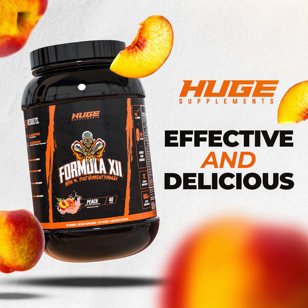 Huge Supplements Formula XII shaker with peach powder ready to mix for training.