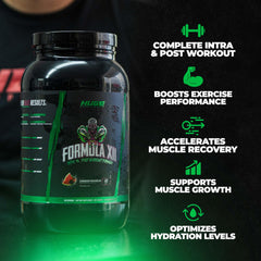 Huge Supplements Formula XII strawberry-watermelon powder shows flavor-forward scoop ready for hydration and endurance.