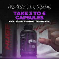 Huge Supplements Magnify Pump brand packshot underscoring trusted, science-backed formula