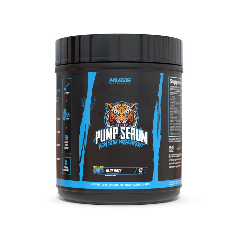 Huge Supplements Pump Serum Blue Razz bottle highlighting non-stim pumps and vascular fullness