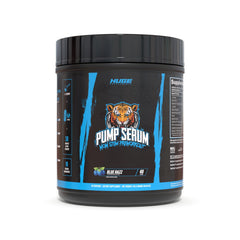 Huge Supplements Pump Serum Blue Razz bottle highlighting non-stim pumps and vascular fullness