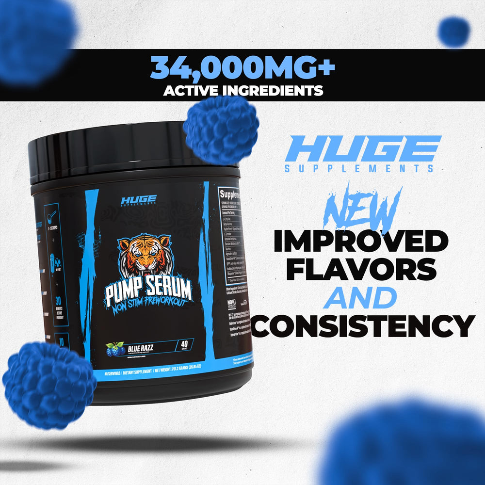 Huge Supplements Pump Serum bottle beside gym setup illustrates caffeine-free pre-workout option