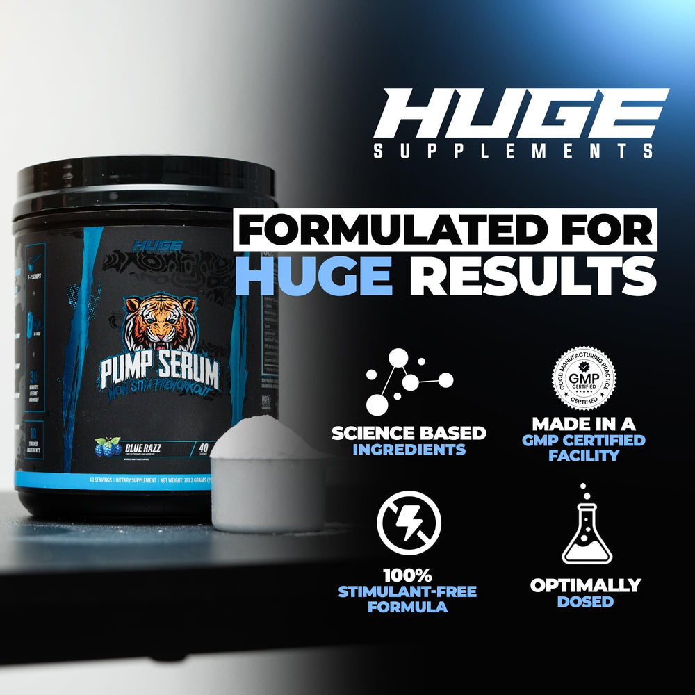 Huge Supplements Pump Serum label close-up highlights HydroPrime and NO boosters