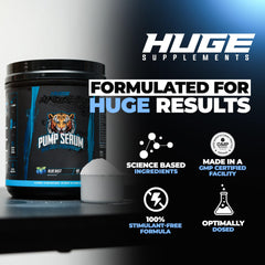 Huge Supplements Pump Serum label close-up highlights HydroPrime and NO boosters