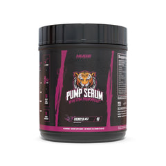 Huge Supplements Pump Serum label closeup highlights Cherry Blast formula for caffeine-free workouts.