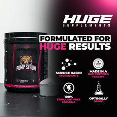 Huge Supplements Pump Serum mixing glass shows smooth texture and Cherry Blast flavor.