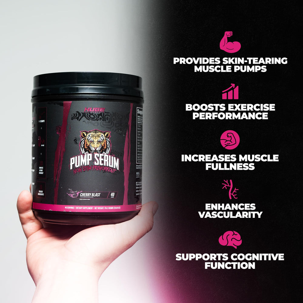 Huge Supplements Pump Serum scoop dispensing powder for consistent dosing during workouts.