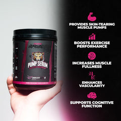 Huge Supplements Pump Serum scoop dispensing powder for consistent dosing during workouts.