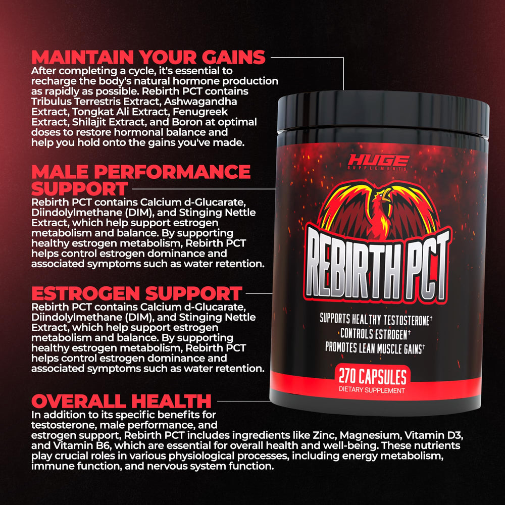Huge Supplements Rebirth PCT label front emphasizing optimized dosages for recovery support