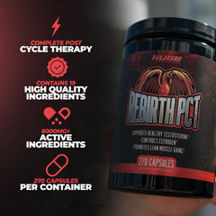 Huge Supplements Rebirth PCT serving scoop highlighting high active mg per serving for recovery