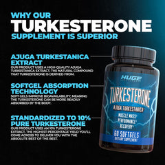 Huge Supplements Turkesterone bottle label highlighting Ajuga turkestanica content and dosage.