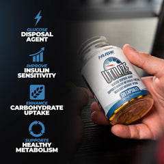 Huge Supplements Utilize GDA label close-up highlighting ingredients like berberine and cinnamon.