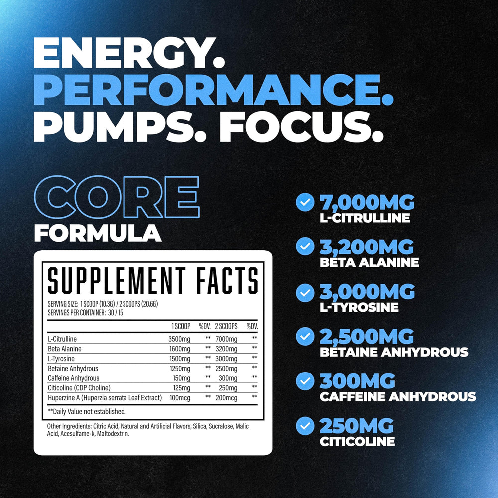 Huge Supplements Wrecked Core blue raspberry scoop for quick mix and energy