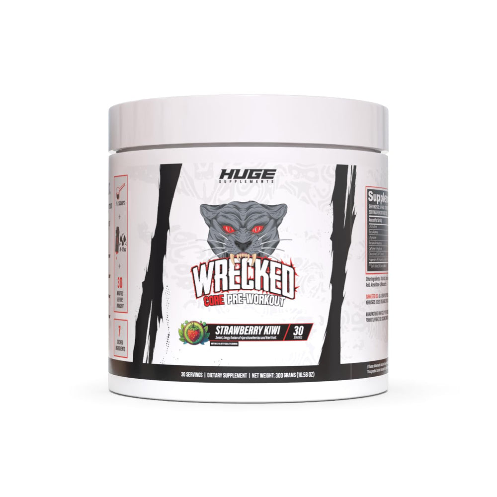 Huge Supplements Wrecked Core bottle front, ready to fuel workouts with clean energy.
