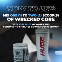 Huge Supplements Wrecked Core packaging front showcases flavor blue raspberry