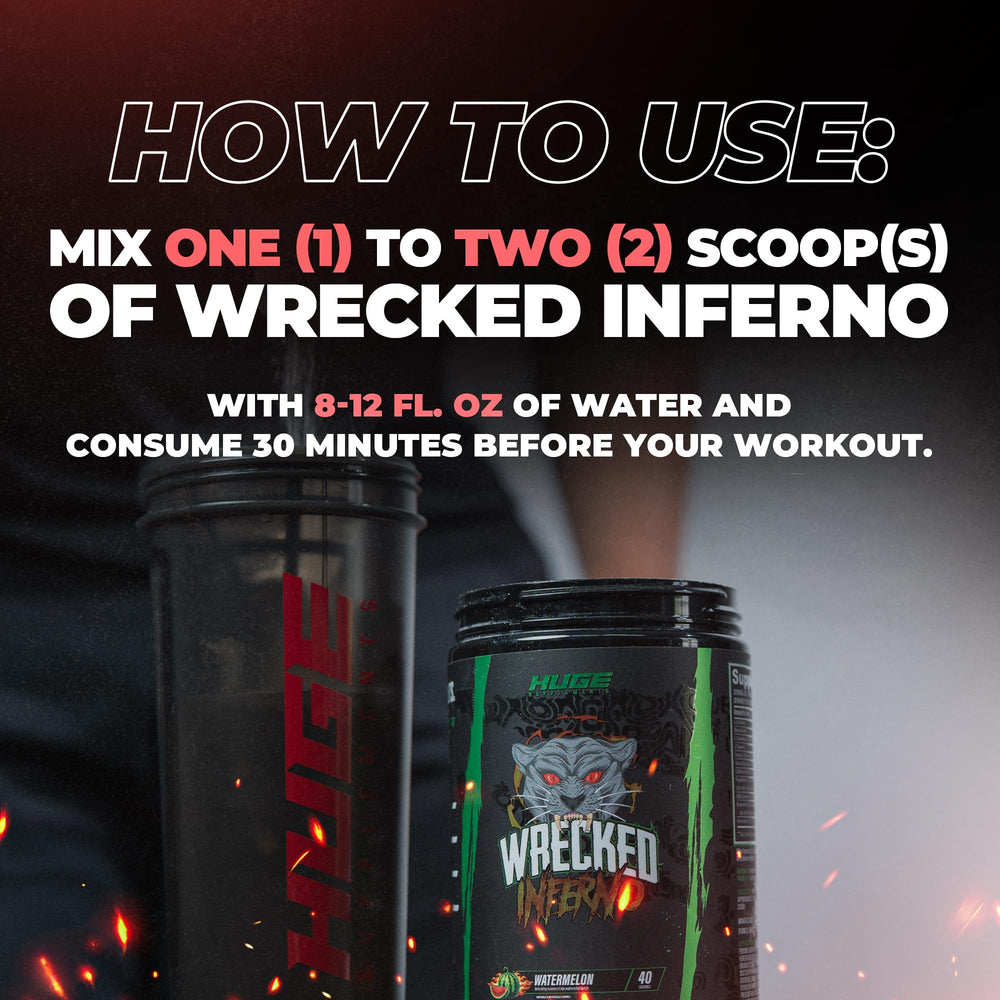 Huge Supplements Wrecked Inferno ingredients label highlights L-Carnitine and caffeine