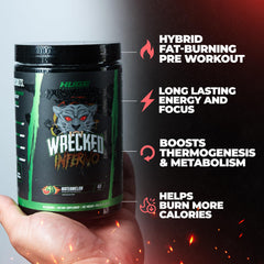 Huge Supplements Wrecked Inferno pre-workout on shelf ready for intense training