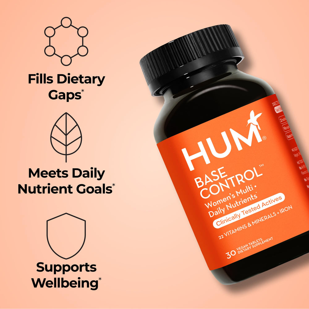 Close-up of HUM Base Control multivitamin capsules