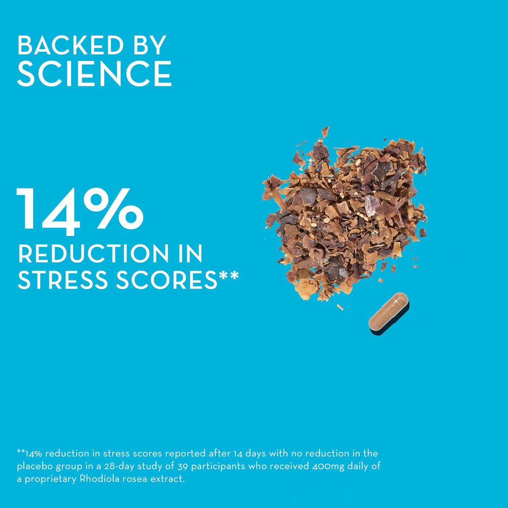 Rhodiola Rosea adaptogenic supplement bottle on counter