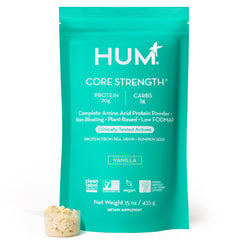 HUM Core Strength vanilla protein powder bottle with plant protein for daily workout fueling.