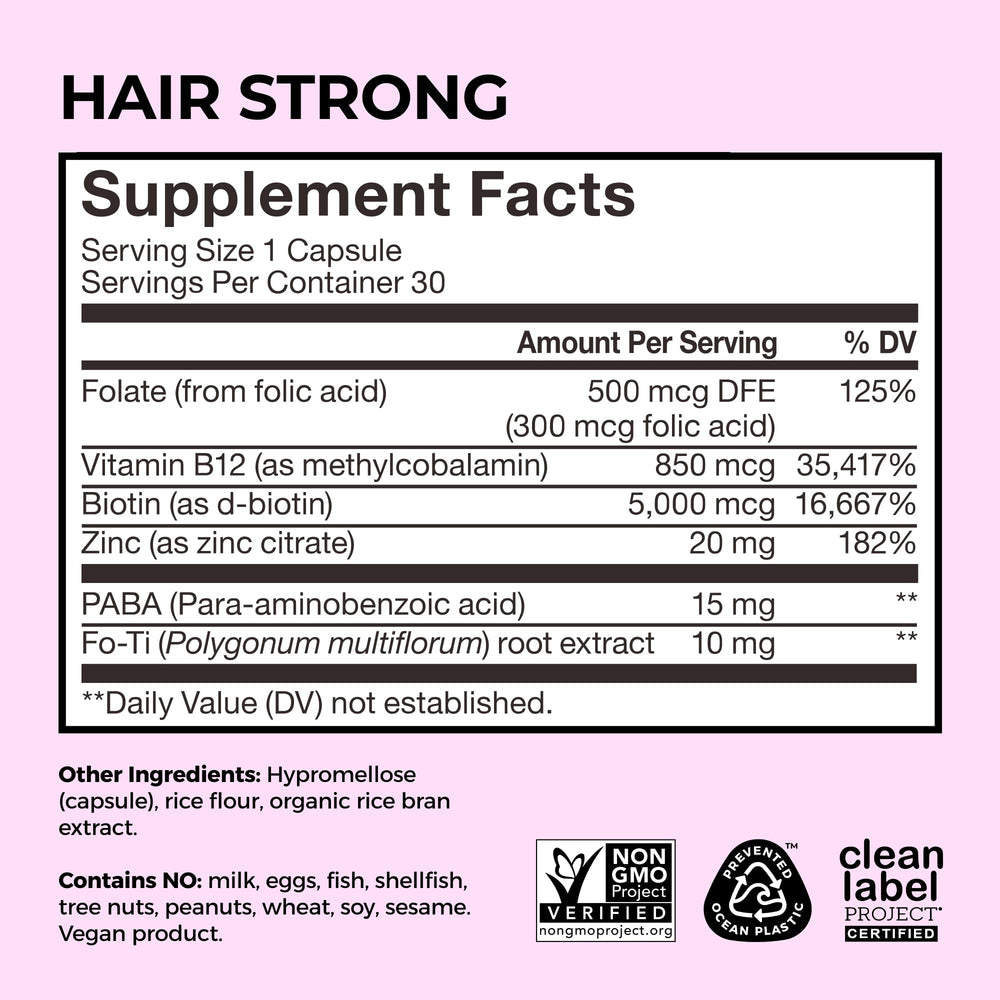 Nutritional information label on HUM Hair Strong bottle