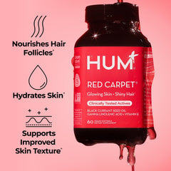 Close-up of HUM Red Carpet bottle label showing 60 count
