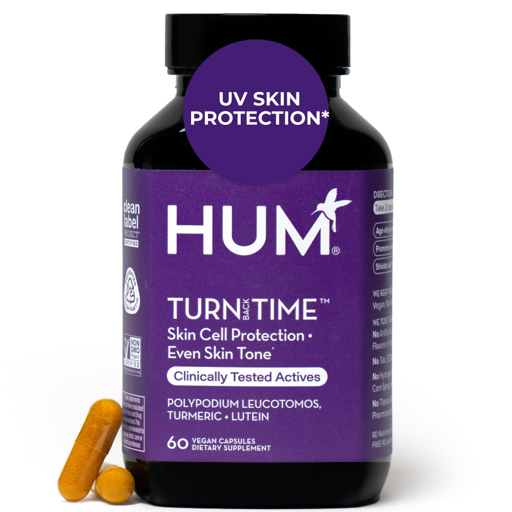HUM Turn Back Time turmeric supplement bottle on white background