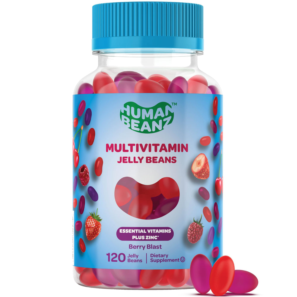 Label on bottle: Human Beanz Multivitamin Jelly Beans with Zinc, Berry Blast flavor