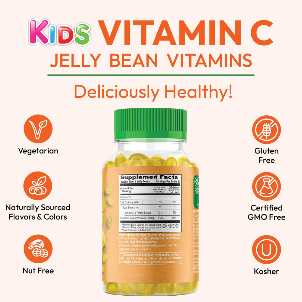 Vitamin C Jelly Beans packaging with kosher and vegetarian icons