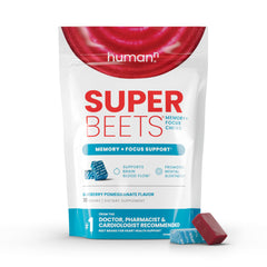 Front view of HumanN SuperBeets Brain Chews box in blueberry pomegranate flavor