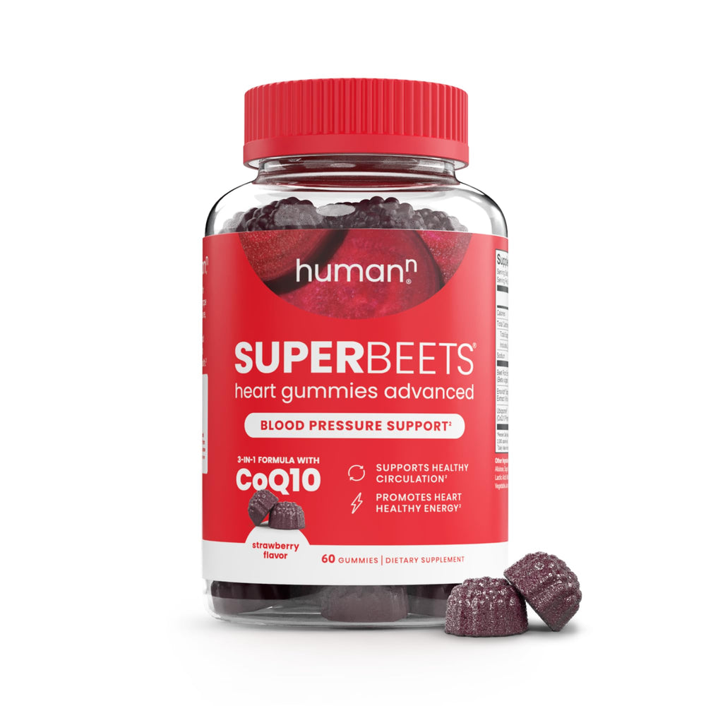 Humann SuperBeets 3-in-1 Heart Gummies bottle demonstrates potential circulation and energy support.