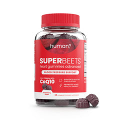 Humann SuperBeets 3-in-1 Heart Gummies bottle demonstrates potential circulation and energy support.