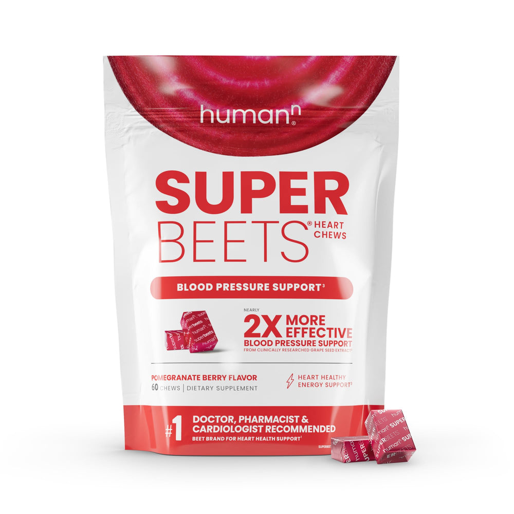 Humann SuperBeets Heart Chews bottle front, convenient daily energy support in pomegranate berry flavor