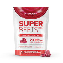 Humann SuperBeets Heart Chews bottle front, convenient daily energy support in pomegranate berry flavor