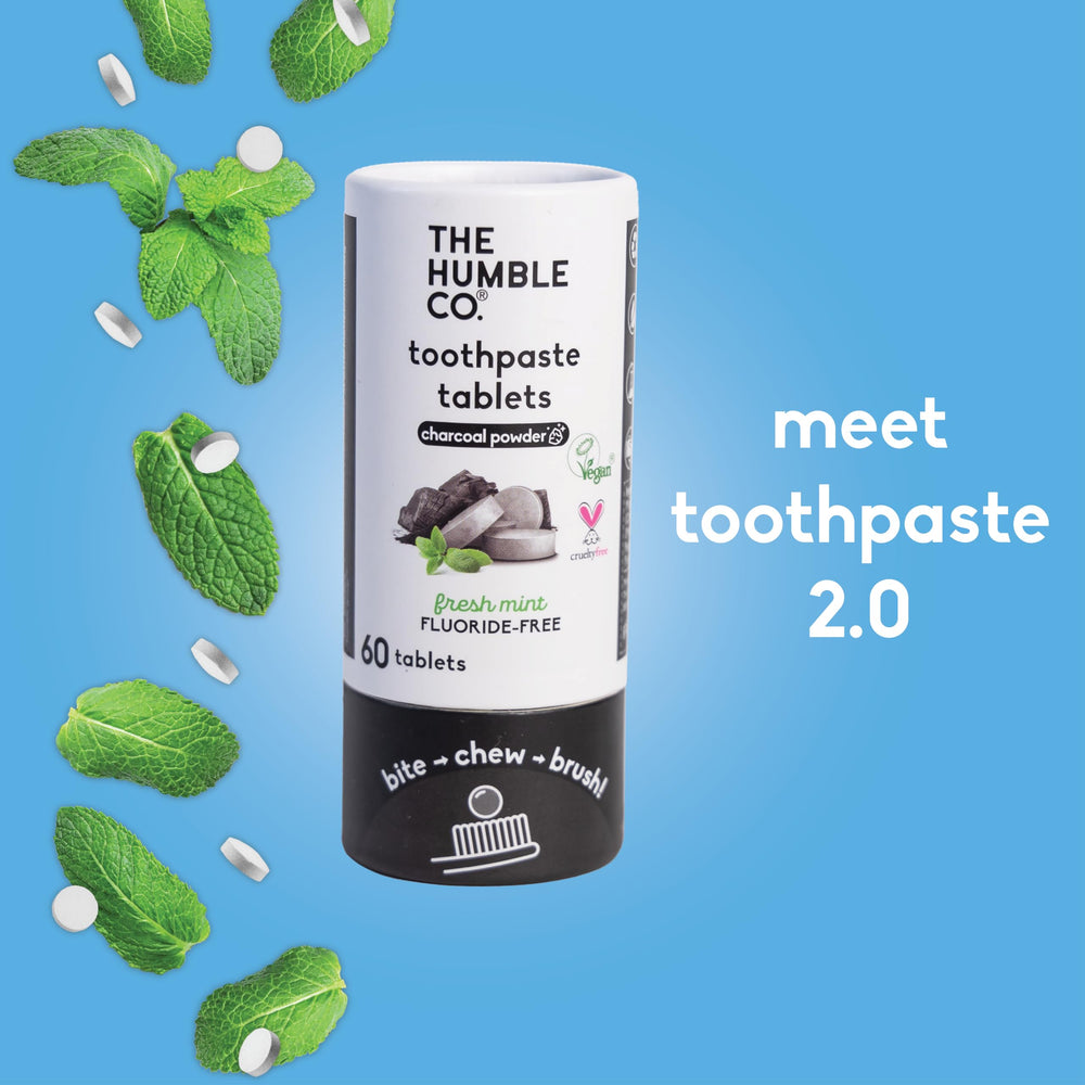 Packaging for The Humble Co Charcoal Toothpaste Tablets 3pk
