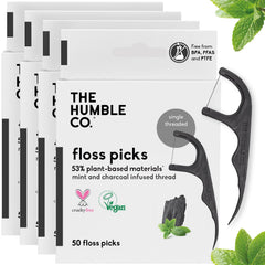 The Humble Co. Floss Picks Charcoal Single Thread 200-count package front view