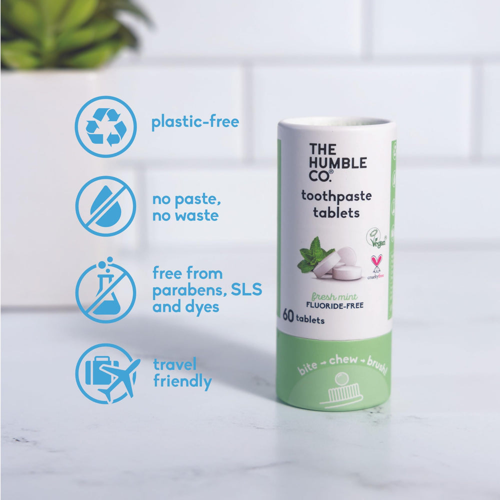 Fluoride-free Humble Co. toothpaste tabs packaging