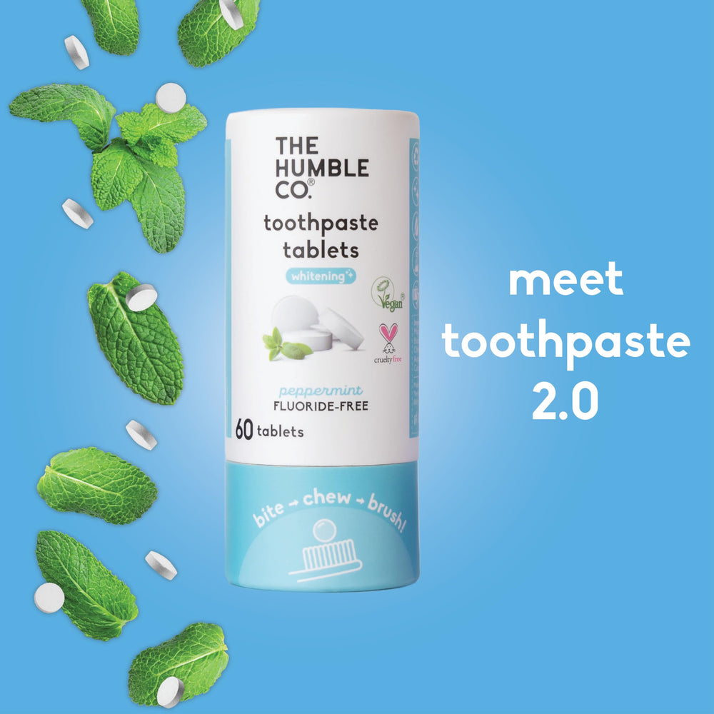 Close-up of mint-flavored toothpaste tablets
